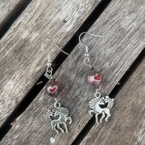 Silver Horse Charm Earrings with Heart Beads
